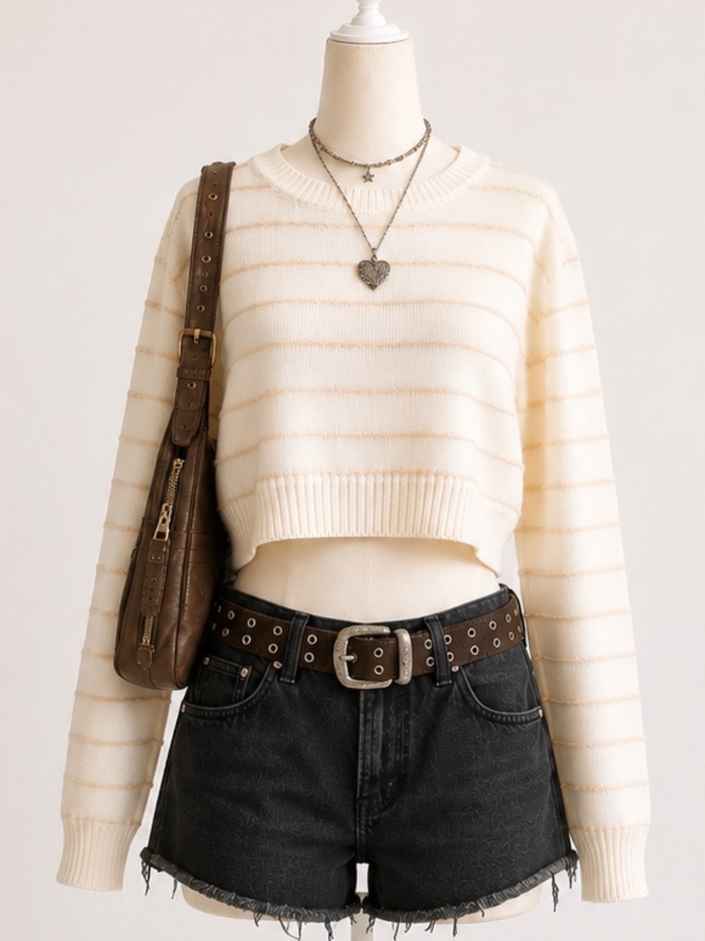 Cream Striped Cropped Sweater - Women's Knit Pullover